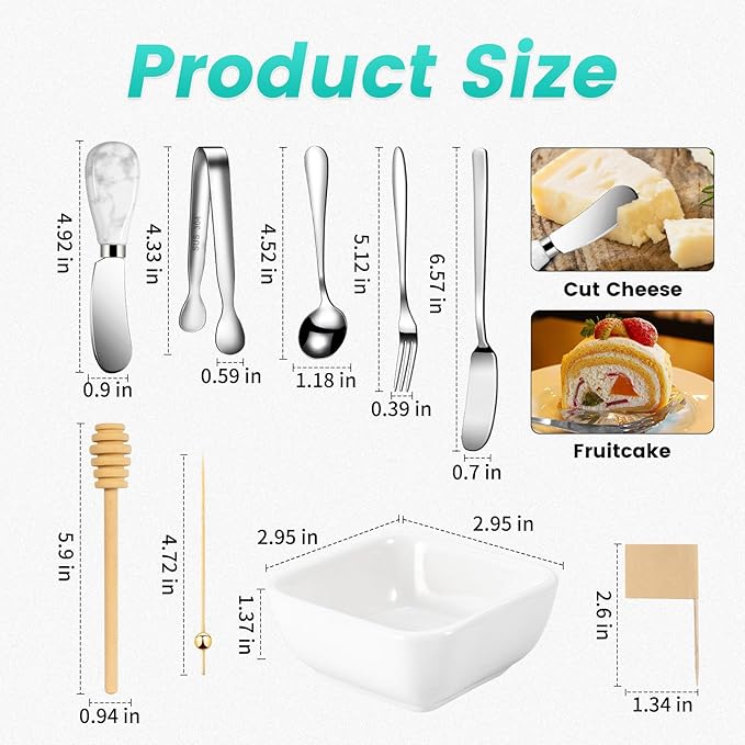 Charcuterie Board Accessories With 3 Oz Ceramic Dip Bowls, Ceramics Handle Silver Cheese Spreader Butter Knive Set Kit, Mini Tongs, Spoons, Forks,Honey Dipper, Cocktail Picks
