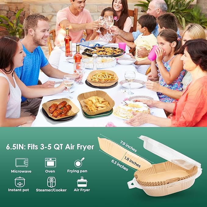 Air Fryer Paper Liners: 125Pcs Parchment Paper, Air Fryer Liner Disposable, Oilproof Waterproof Airfryer Basket Liner Square (6.5inch)