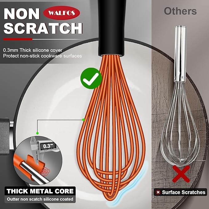 Walfos Whisk, Silicone Whisks Set of 5, Mini Stainless Steel Whisk 7+5in and Non Scratch Coated 7+9+11in Whisks, Suitable for Blending, Whisking, Beating, Frothing & Stirring. (Orange)