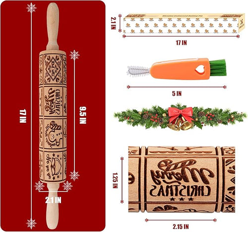 17" Premium Wooden Rolling Pins for Baking with XMAS Embossed Designs | 3mm Deep Springerle Cookie Molds | Christmas Rolling Pin & Baking Gifts for Women | Includes 3-in-1 Cleaning Brush
