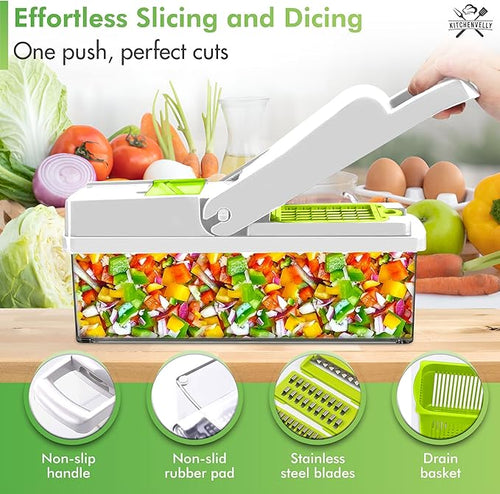 16-in-1 Vegetable Chopper and Slicer with 8 Blades – Veggie Cutter, Dicer, Food Chopper with Container & Lid – Multi-Purpose Kitchen Tool for Easy Meal Prep (White)