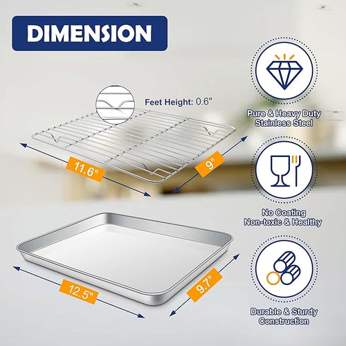 12.5 Inch Baking Sheet Pan with Rack Set, Joyfair Stainless Steel Toaster Oven Pans Tray & Cooling Racks for Cookie/Jelly Roll/Bacon/Meat, Commercial Metal & Rust-free, Dishwasher Safe