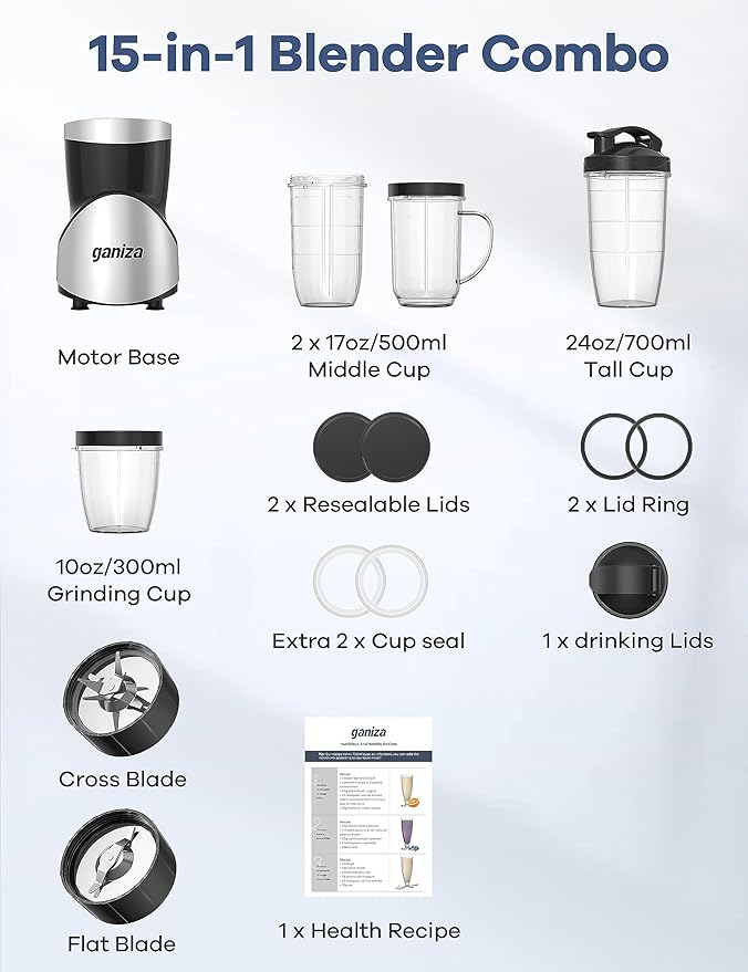Ganiza Smoothie Blender, 900W Blenders for Shakes and Smoothies, 15-Piece Personal Blender and Grinder Combo for Kitchen, Smoothies Maker with 4 BPA-Free Portable Cup, Nutritious Recipe
