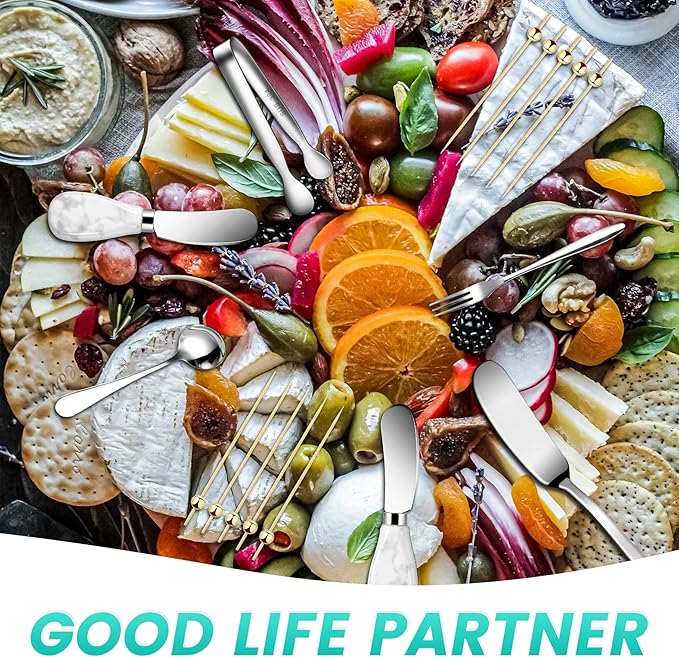 Charcuterie Board Accessories With 3 Oz Ceramic Dip Bowls, Ceramics Handle Silver Cheese Spreader Butter Knive Set Kit, Mini Tongs, Spoons, Forks,Honey Dipper, Cocktail Picks