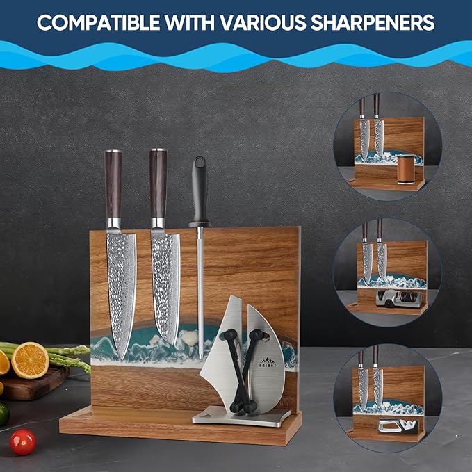 Original Sea Wave Magnetic Knife Block, Double Sided Knife Holder Holds Up To 10 Knives, Wooden Knife Storage Organizer for Counter Top without Knives (12 X 10 Inches)