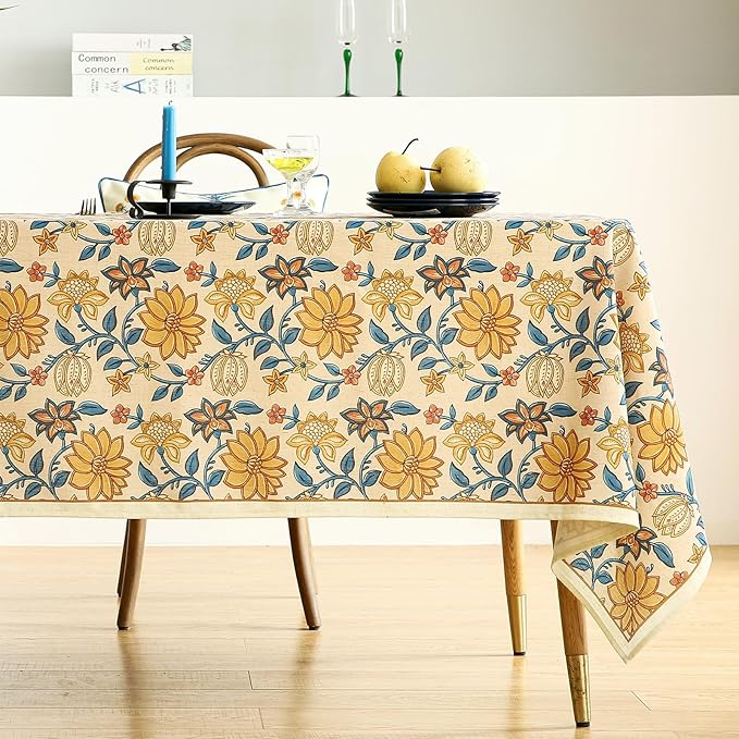 ISAENNE Designer Bohemian Floral Extra Long TableclothRectangle,Linen Colorful Table Cloth,Wrinkle Resistant Decor Tablecloths for Dining Thanksgiving Kitchen Christmas,63"*110"-Estevan B