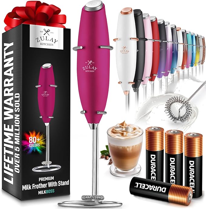 Zulay Kitchen Powerful Milk Frother Wand With 4 AA Duracell Batteries - Ultra Fast Handheld Drink Mixer - Electric Whisk Foam Maker for Coffee, Lattes, Cappuccino, Matcha & Creamer