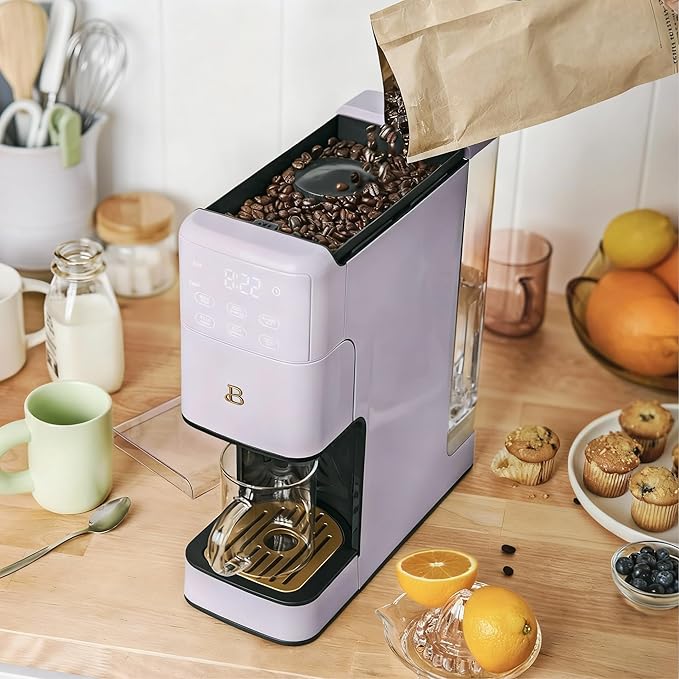 Beautiful Perfect Grind Programmable Single Serve Coffee Maker with Touch Display and Integrated Burr Grinder, Auto Coffee Strength Selection, 64oz Water Reservoir (Lavender)