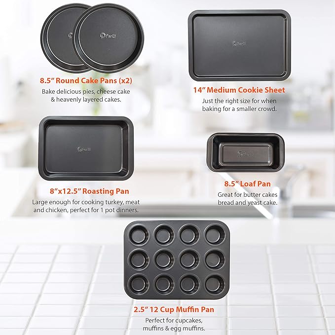 Perlli Baking Set 6 Nonstick Carbon Steel Oven Safe Gray PTFE PFOA Free Bakeware - Cookie Sheet, 2 Rounds, 12 Cup Muffin Pan, Roaster & Loaf Pan