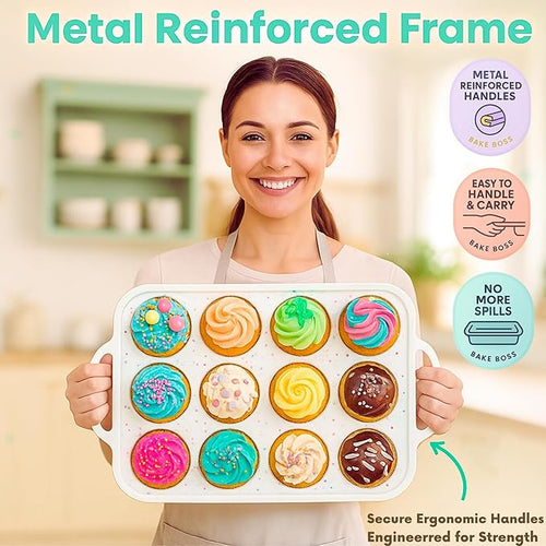 12-Cup Silicone Muffin Pan with Metal-Reinforced Handles – Nonstick, Non-Toxic Cupcake Pan for Baking – Easy-Release, BPA-Free, Dishwasher-Safe Silicone Muffin Tray - 1 PACK - CREAM