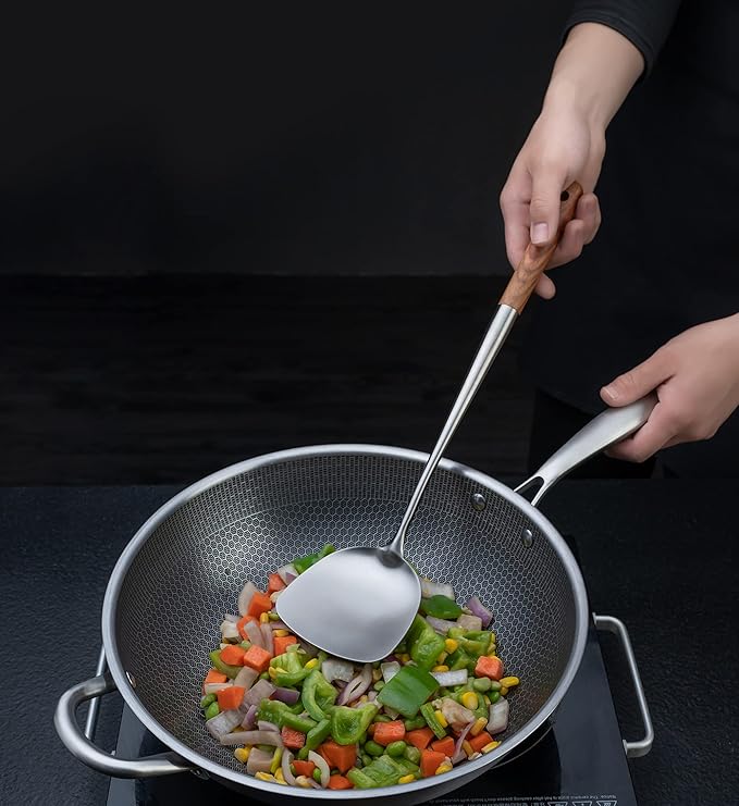 FJNATINH Wok Spatula and Ladle,Skimmer Ladle Tool Set, 17inches Spatula for Wok, 304 Stainless Steel Cooking Utensils