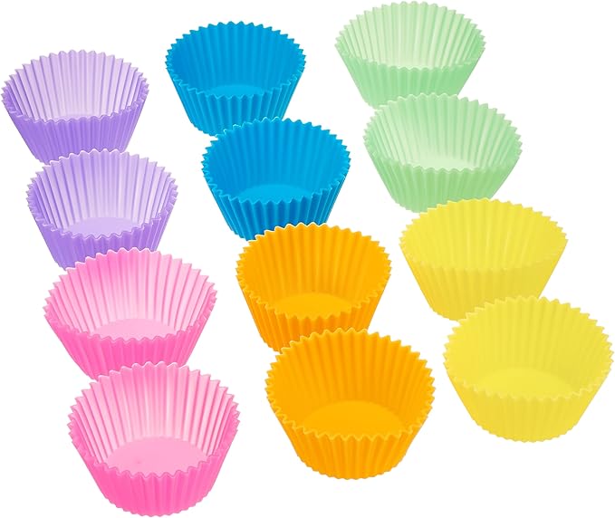 Amazon Basics Reusable Silicone Baking Cups, BPA Free Muffin Liners, Dishwasher Safe, 2.9 x 2.9 x 1.3 in (LxWxH), Multicolor, Pack of 12