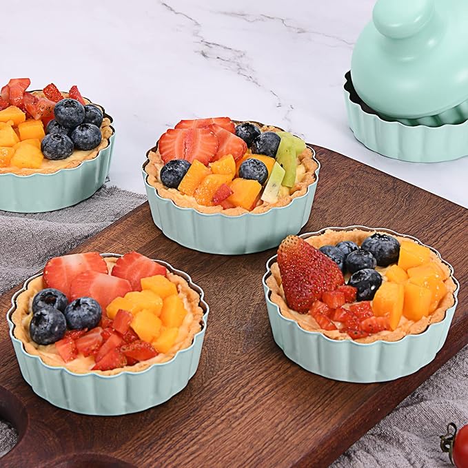 Mini Round Tart Pan with Removable Bottom, Nonstick Mini Pie Pans for Baking, Carbon Steel Quiche Pan Set for Cupcake Muffin Cakes and Desserts, Including 6 Tart Pan and 1 Tart Tamper (Green)
