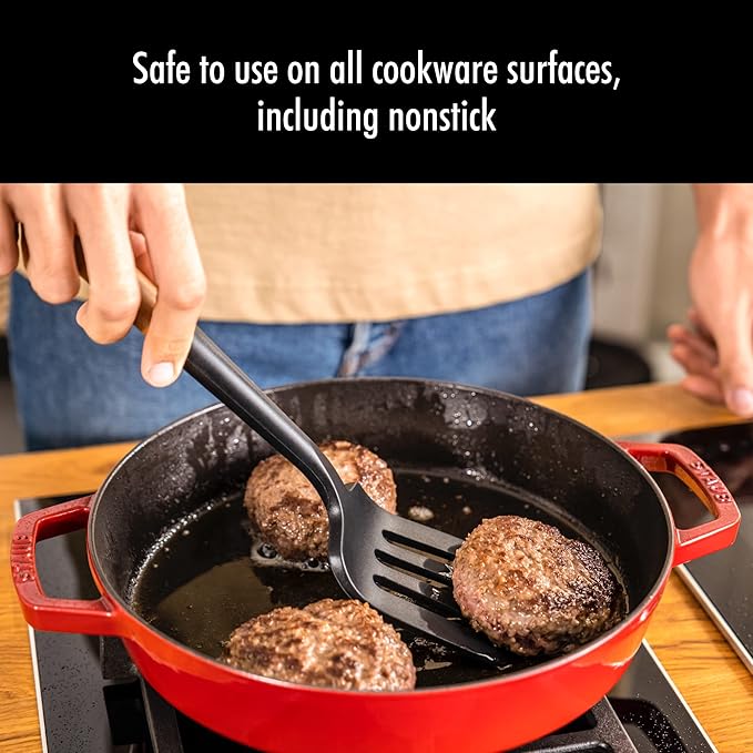 STAUB Silicone Spatula Turner, Perfectly Angled for Lifting Pancakes, Sandwiches and Picking up Veggies Durable BPA-Free Matte Black Silicone, Acacia Wood Handles, Safe for Nonstick Cooking Surfaces