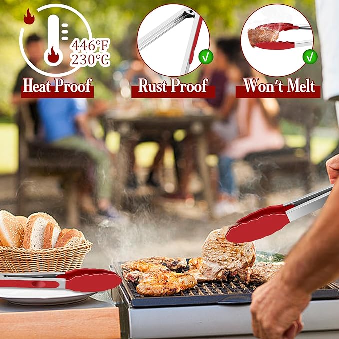 TeamFar Kitchen Tongs, 9" and 12" Stainless Steel Cooking Tongs with Silicone Tips for Cooking Grilling Serving & BBQ, Heat Resistant Silicone Tongs, Locking Design & Dishwasher Safe, Set of 2 & Red