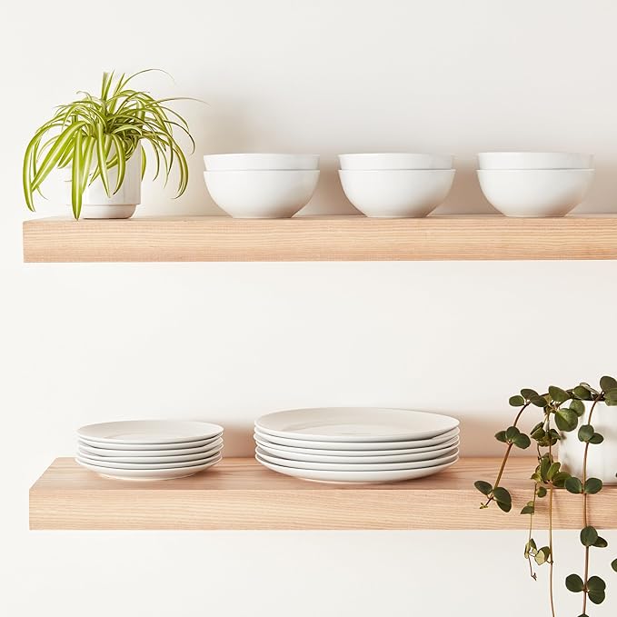 Amazon Basics Dinnerware Set, Microwave and Dishwasher Safe, Service for 6, 18-Piece Complete Kitchen, Plates, Dishes, Bowls, White Porcelain Coupe