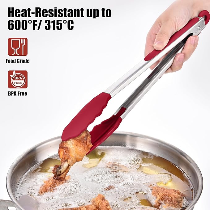 Doosu Kitchen Tongs for Cooking - 600°F Heat Resistant Food Tong Set with Non-Scratch Silicone Tips, Heavy Duty Stainless Steel Locking Tong for BBQ, Grilling Steak, Serving Salad (9+12in, Red)
