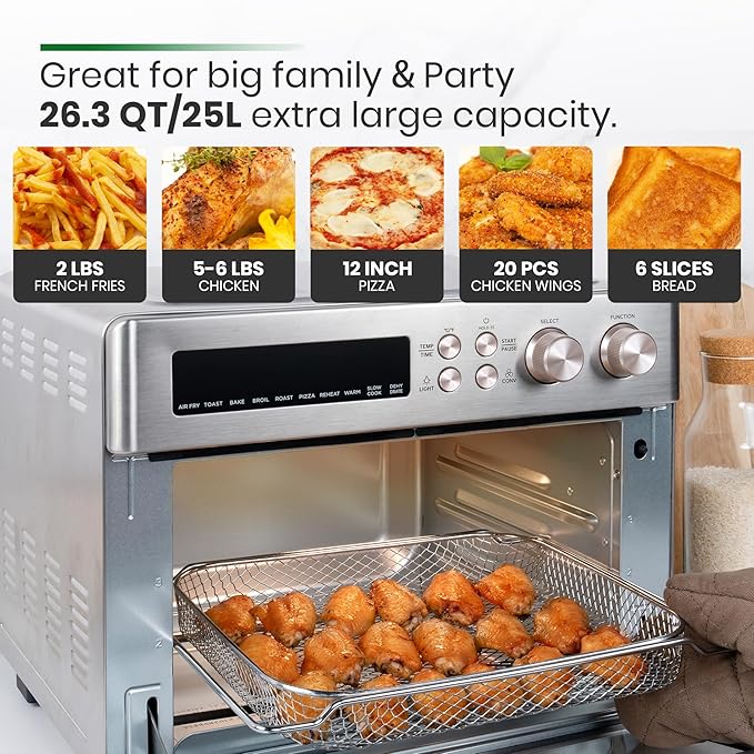 VAL CUCINA Infrared Heating Air Fryer Toaster Oven, Extra Large Countertop Convection Oven 10-in-1 Combo, 6-Slice Toast, Enamel Baking Pan Easy Clean with Recipe Book, Brushed Stainless Steel Finish