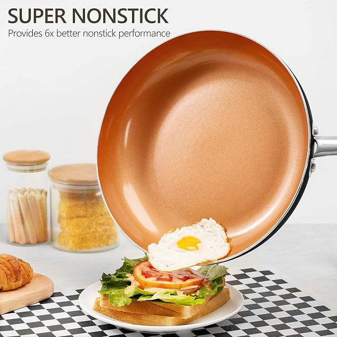 MICHELANGELO 12 Inch Frying Pan with Lid, Nonstick Copper Frying Pan, Non Stick Ceramic Skillet with Lid, Large Copper Pan Non-Stick, Induction Compatible