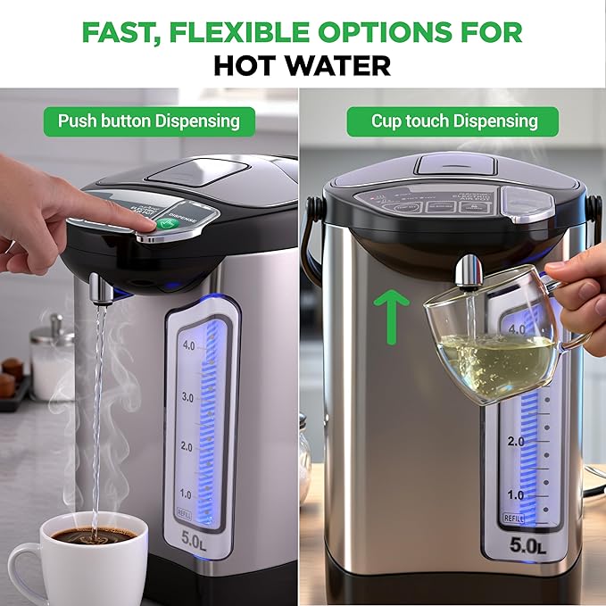 NutriChef Electric Water Boiler and Warmer - 5L/5.28 Qt Stainless Steel Hot Water Dispenser w/Rotating Base, Keep Warm Temperature Set, Auto Shut Off, Safety Lock, Instant Heating for Coffee & Tea