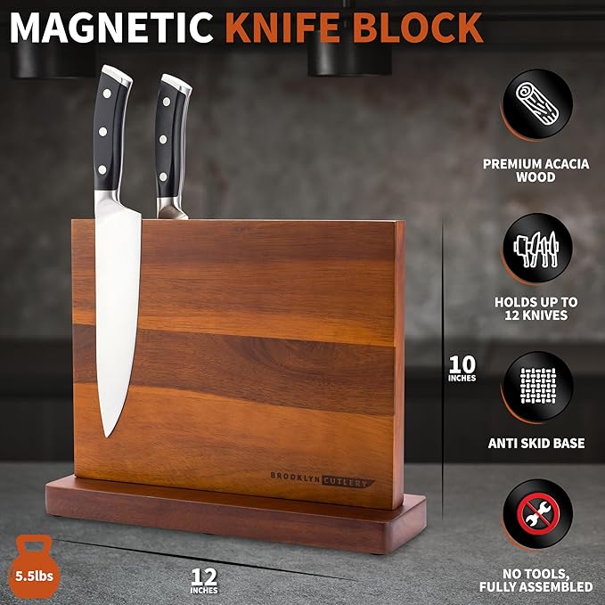 Magnetic Knife Block, Acacia Wood Magnetic Knife Holder for Kitchen Counter Universal Knife Block Without Knives (12 x 10)