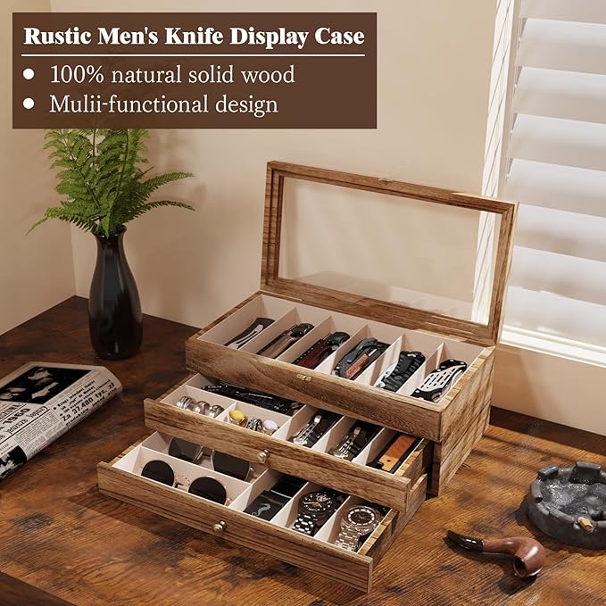 Knife Display Case, 3-Layer Pocket Knife Case Display & Storage Knives, Solid Wood Knife Case for Collections, Gift for Boyfriend Fathers Day Birthday Gifts(Brown)