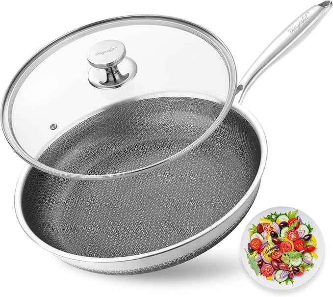 Non Stick Frying Pans, 12 inch Nonstick Skillet with Lid made of Stainless Steel with Honeycomb for Cookware Breakfast Egg- Induction Ceramic Gas Cooktop and Oven Safe Frying pan.