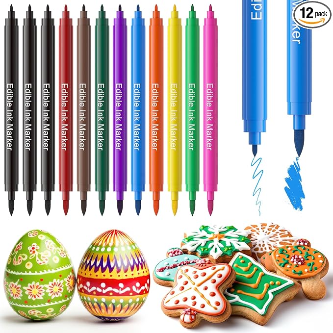 Jewem Edible Markers for Cookie Decorating,12Pcs Food Coloring Pens, Double Side Food Grade Pens with Fine & Thick Tip for Decorating Fondant, Cakes, Cookies, Easter Eggs, Frosting, Macaron, Halloween, Christmas
