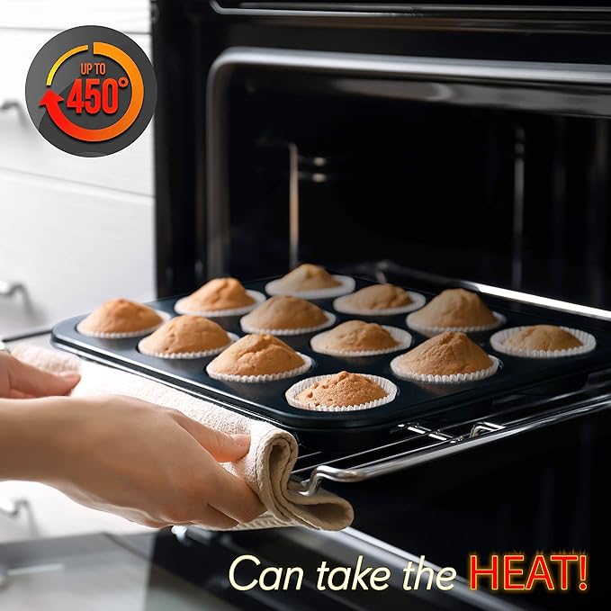 NutriChef Stackable Non-Stick Baking Pans Set – Carbon Steel Bakeware Set w/ Cookie Sheet, Muffin & Loaf Pan, Double Coated for Easy Release, Oven & Dishwasher Safe, Resists Warping, – Easy to Clean