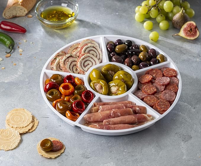 Plasticpro 6 Sectional Round Plastic Serving Tray/Platter (4, White)