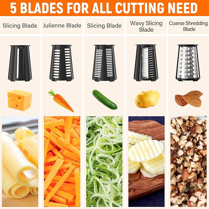 Rotary Cheese Grater Hand Crank with 5 Interchangeable Blades, Vegetable Chopper Spiralizer Slicer for Fruit Vegetable Nuts, Mandoline Slicer for Kitchen with Blades Rack & Suction Base, Black