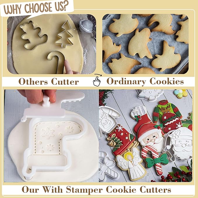 Flycalf Christmas Cookie Cutters Santa Claus Shapes with Plunger Stamps Holiday PLA Baking Accessories Cutter Molds Gifts Decorative Party 3" Kitchen Cake Supplies