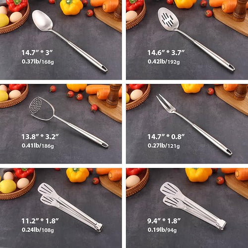 18/10 Stainless Steel Kitchen Utensils Set - 12 PCS All Metal Cooking Tools & 15″ Serving Utensils - Potato Masher, Meat Fork, Tongs, Turner, Pasta, Serving Spoon, Skimmer, Ladle, Spatula Spoon Set