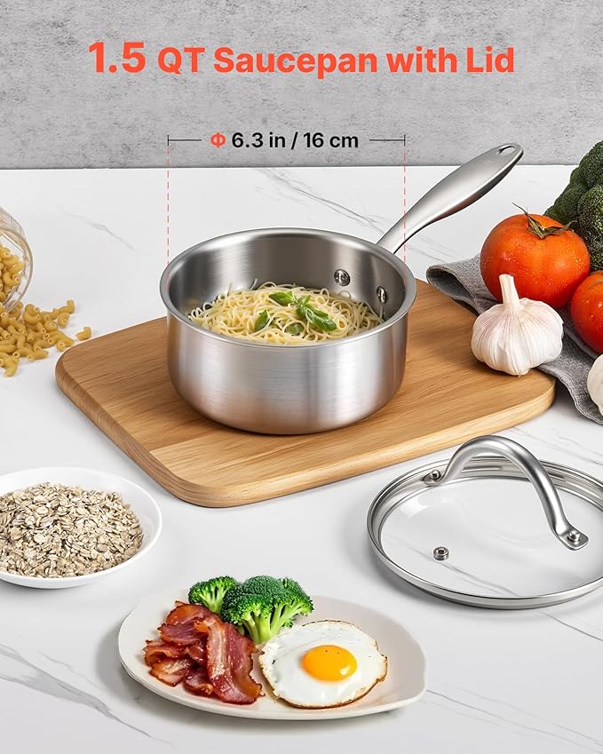 VEVOR 1.5 QT Saucepan, Stainless Steel Saucepan with Glass Lid, Multipurpose Nonstick Stainless Steel Small Cooking Sauce Pot with Ergonomic Handle, Friendly for Oven, Dishwasher, Induction Cooker