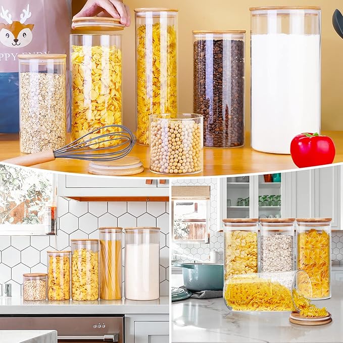 Large Glass Flour and Sugar Containers 180oz x2 [Set of 2], Glass Food Storage Containers with Bamboo Lids, Glass Jar with Airtight Lids for Spaghetti Pasta,Rice,Cereal,Candy,Coffee, Oat