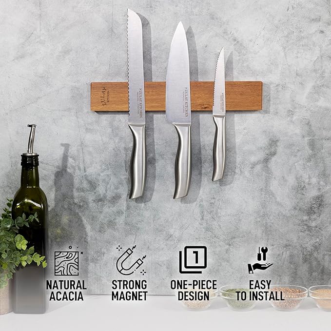 Zulay 11.75" Seamless Acacia Wood Magnetic Knife Holder - Wooden Magnetic Knife Strip for Organizing your Kitchen - Elegant & Multifunctional Magnet Holder for Wall with Easy Installation