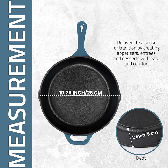 Utopia Kitchen Cast Iron Frying Pan 10.25 Inch, Cast Iron Chefs Pan, Pre Seasoned Skillet, Safe Grill Cookware for Indoor & Outdoor Use, Teal
