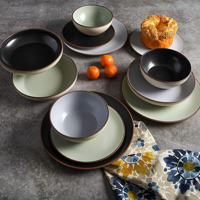 Gibson Elite Contempo Classic Double Bowl Dinnerware Set, Service for 4 (16pcs), Black