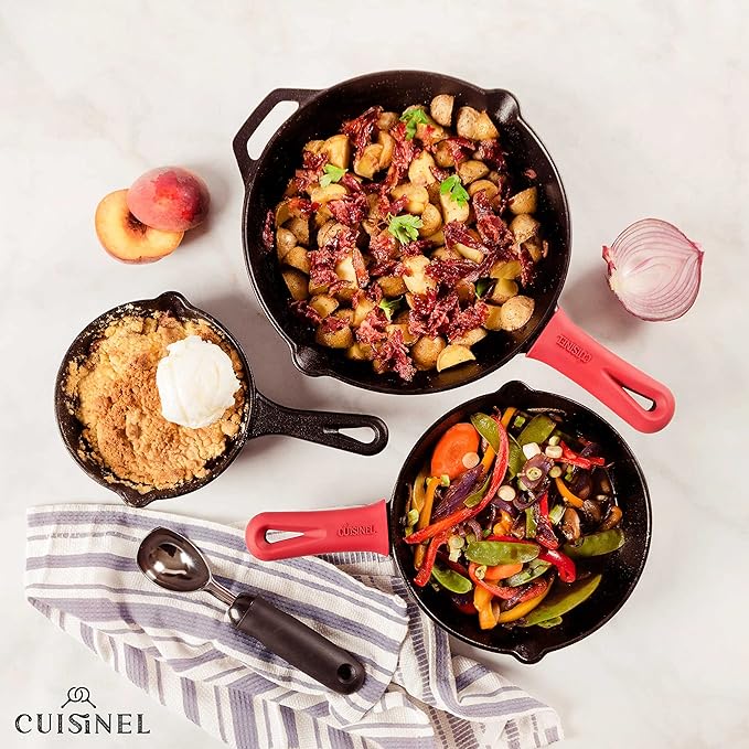 Cuisinel Cast Iron Skillets Set - 12" + 10" + 8"-Inch Pre-Seasoned Frying Pans + Silicone Handle Grip Covers - Use Indoor/Outdoor, Oven, Grill, Stove, BBQ, Camp Fire, Induction Kitchen Cookware