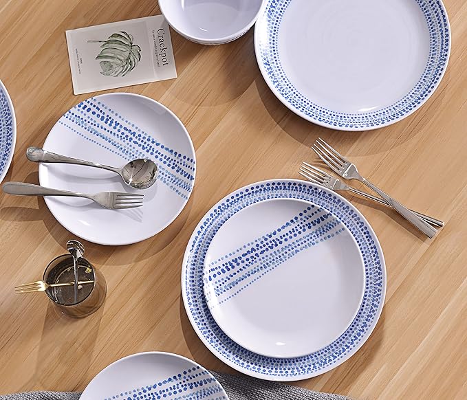 Melamine Dinnerware Sets, 12Pcs Plates and Bowls Sets Dinnerware Sets for 4, Unbreakable Dish Set for Indoor and Outdoor Use, Dishwasher Safe Raindrops Design
