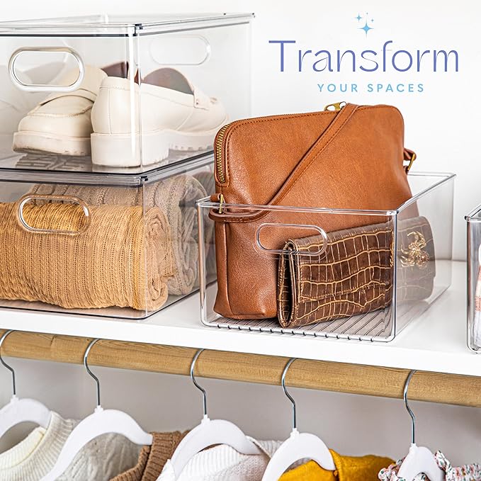 Plastic Food Storage 6 Pack Clear Container Bin with Handles for Organizing Kitchen, Pantry, Refrigerator, Freezer, Pantry, Cabinet, Closet, Bathroom 10”x8”x5”