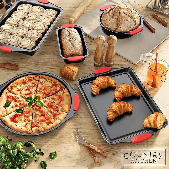 Country Kitchen Nonstick Stackable Bakeware Set - Heavy Duty, Durable, Easy Release Baking Set, Red, 10 Pcs