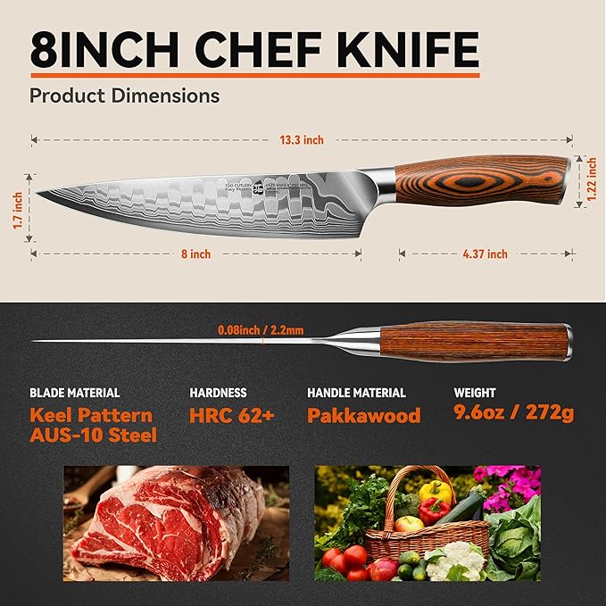TUO 8" Chef Knife in Japanese Steel AUS-10, 67 Layers Damascus Kitchen Knife, High Carbon Steel Blade with Dragon Pattern & Pakkawood Handle